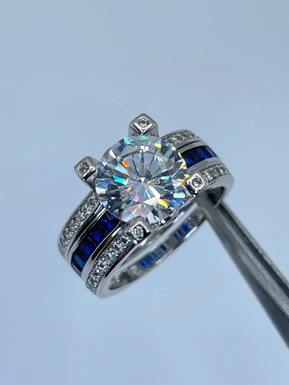 925 Sterling Silver Diamond Sapphire Bridal Wedding Ring Guard Set 5